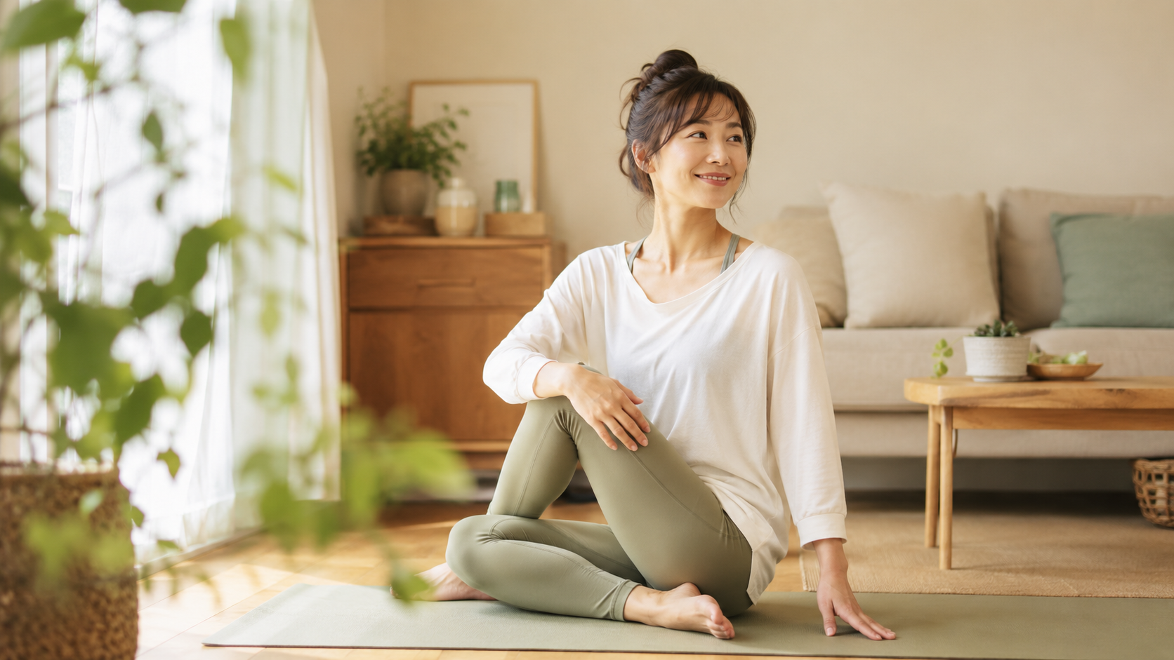 窓辺で穏やかにヨガをする女性